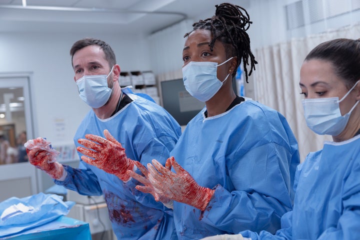 Noah Wyle, Ayesha Harris and Ambar Martinez in "The Pitt."