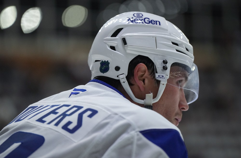 Vancouver Canucks' Chase Wouters looks on during the opening day of the NHL hockey team's training camp, in Penticton, B.C., on Thursday, September 18, 2025. THE CANADIAN PRESS/Darryl Dyck