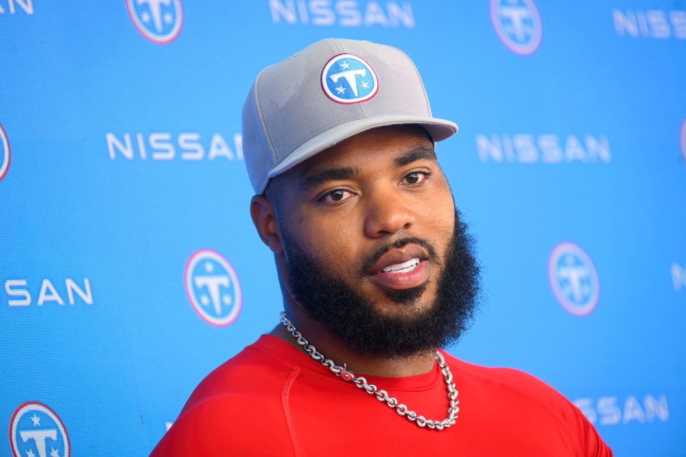 Tennessee Titans defensive tackle Jeffery Simmons speaks to the media after NFL football practice, Wednesday, June 17, 2026, in Nashville, Tenn. (AP Photo/John Amis)