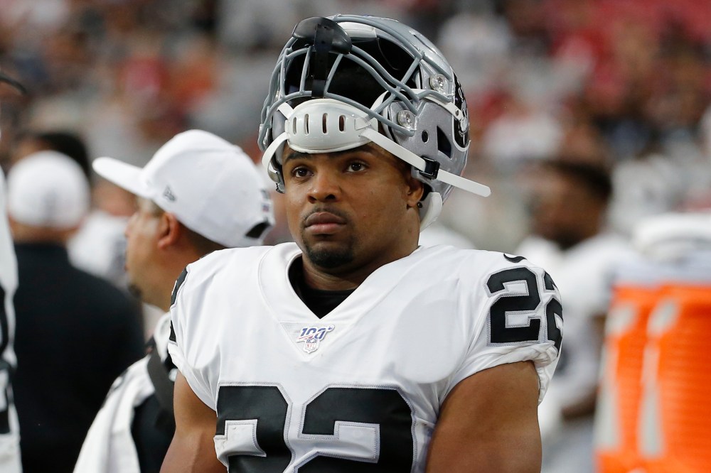 FILE - Oakland Raiders running back Doug Martin looks on during an NFL preseason football game against the Arizona Cardinals, Aug. 15, 2019, in Glendale, Ariz. (AP Photo/Rick Scuteri, File)