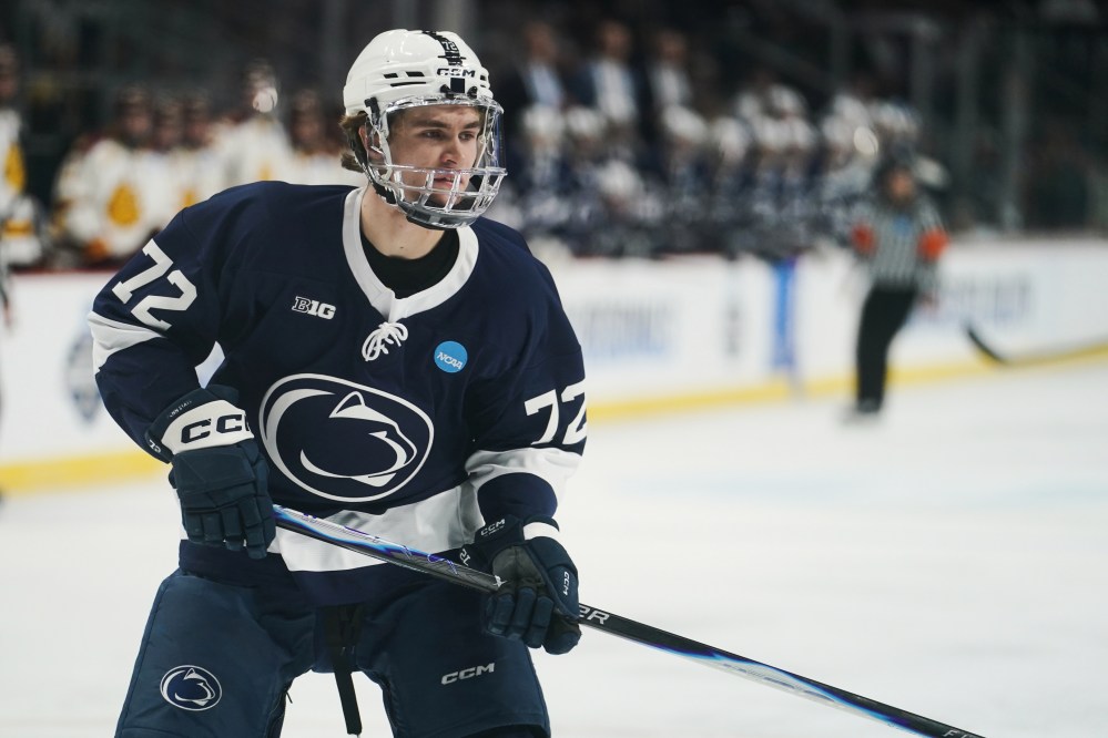 Penn State forward Gavin McKenna plays in an NCAA hockey regional game against Minnesota Duluth on March 27, 2026 in Albany, N.Y. (AP Photo/Vera Nieuwenhuis)