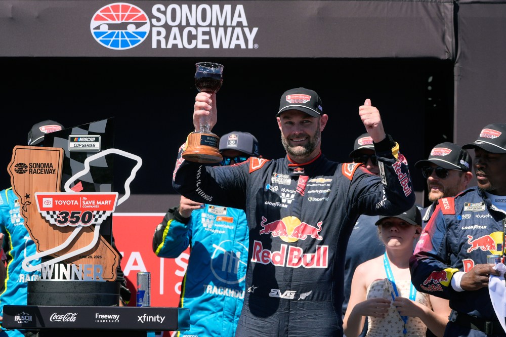Shane van Gisbergen celebrates after winning a NASCAR Cup Series auto race at Sonoma Raceway, Sunday, June 28, 2026, in Sonoma, Calif. (AP Photo/Jeff Chiu)