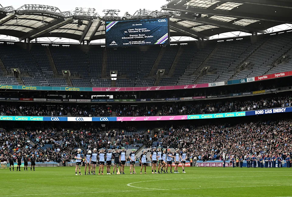 Dublin , Ireland - 6 June 2026; Dublin players and stand for a minute's silence in memory of Liam Ferguson of St Vincent's, Dublin, and Danny Ryan of Kilmacud Crokes, Dublin, before the Leinster GAA Senior Hurling Championship final match between Galway and Dublin at Croke Park in Dublin. (Photo By Piaras Ó Mídheach/Sportsfile via Getty Images)