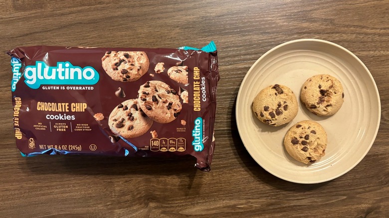 Glutino Gluten Free Chocolate Chip Cookies box and gluten free cookies on brown plate