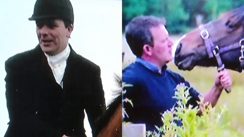 A composite image of Adam. On the left, he is smiling and sat atop a brown horse. He is wearing black riding gear, including a hard hat, and a white shirt. On the right, he is holding a brown horse by its reins and looking at it. Adam has short brown hair and is wearing a blue jumper.