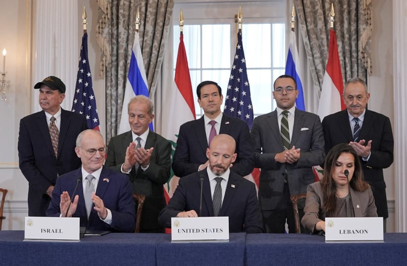 Israel's Ambassador to the US Yechiel Leiter speaks next to US Secretary of State Marco Rubio, State Department Counselor Daniel Holler, and Lebanon's Ambassador to the US Nada Hamadeh during a meeting at the State Department in Washington, DC, US, June 26, 2026.