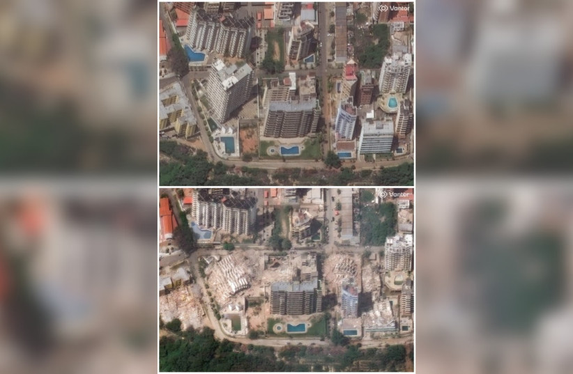 A combination of satellite images shows apartment buildings in La Guaira, Venezuela, before (above) and after two powerful earthquakes, June 22, 2026, and June 25, 2026.