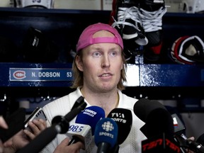 Montréal Canadiens right wing Patrik Laine speaks to the media in the locker room as the Canadiens season comes to an end, in Montreal, on Monday, June 1, 2026.