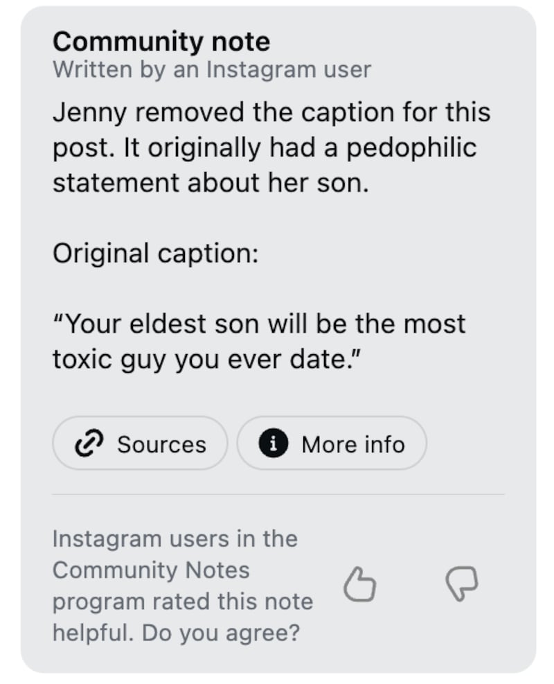 The community note, written by another user rather than Jenny Mollen, commented on the original caption of her post.