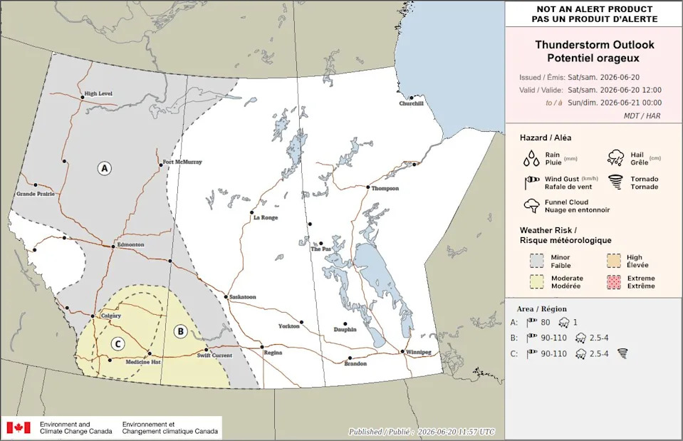 Daily thunderstorm outlook for Saturday, June 20, 2026.