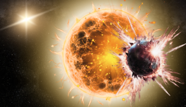 An illustration showing a yellow scorching star with a reddish exoplanet in front of it that's getting destroyed.