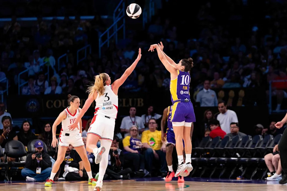 LA Sparks guard Kelsey Plum (10) shoots the ball at a WNBA basketball game against the Portland Fire, Sunday June 7th, 2026 in Los Angeles, California. 