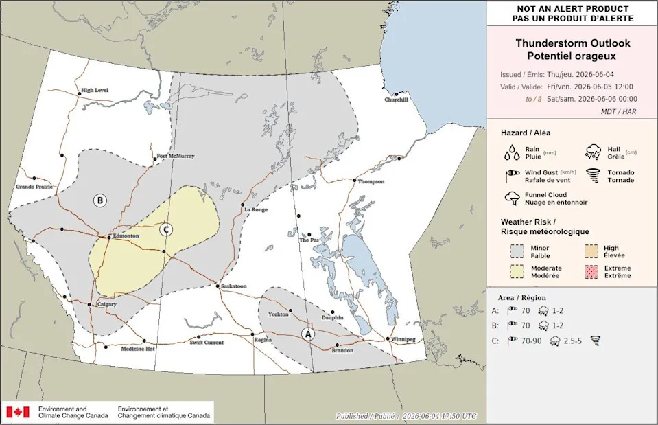Environment Canada’s thunderstorm outlook for Friday, June 5, 2026.