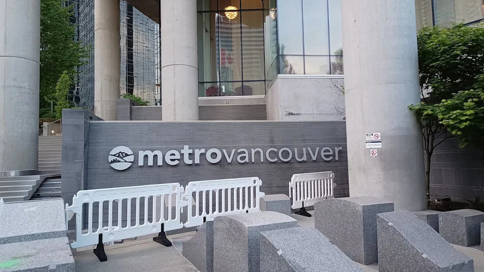 The offices of the Metro Vancouver Regional District are seen in Burnaby, B.C.'s Metrotown area on May 9, 2026.