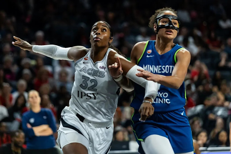 Las Vegas Aces forward Cheyenne Parker-Tyus (32) boxes out Minnesota Lynx forward Anastasiia Olairi Kosu (7) during a WNBA game between the Las Vegas Aces and the Minnesota Lynx, Saturday June 13, 2026 in Las Vegas, Nev.