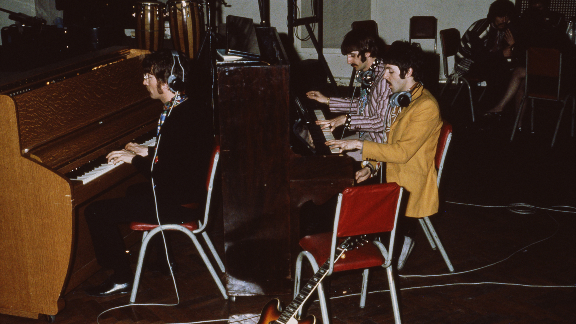 The Beatles record the final piano chord to "A Day in the Life" at Abbey Road Studios, February 22, 1967.