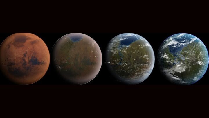 Artist's illustration depicting the terraforming of Mars &mdash; turning into a more Earth-like world.