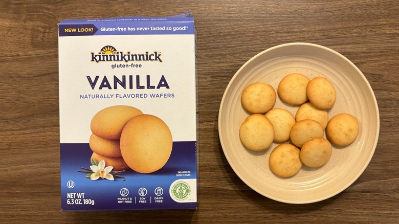 Kinnikinnick Vanilla Wafers box and gluten-free cookies on brown plate