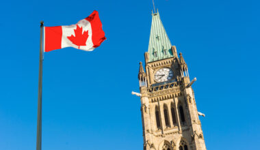 Canada Parliament and Canadian Flag over blue sky.