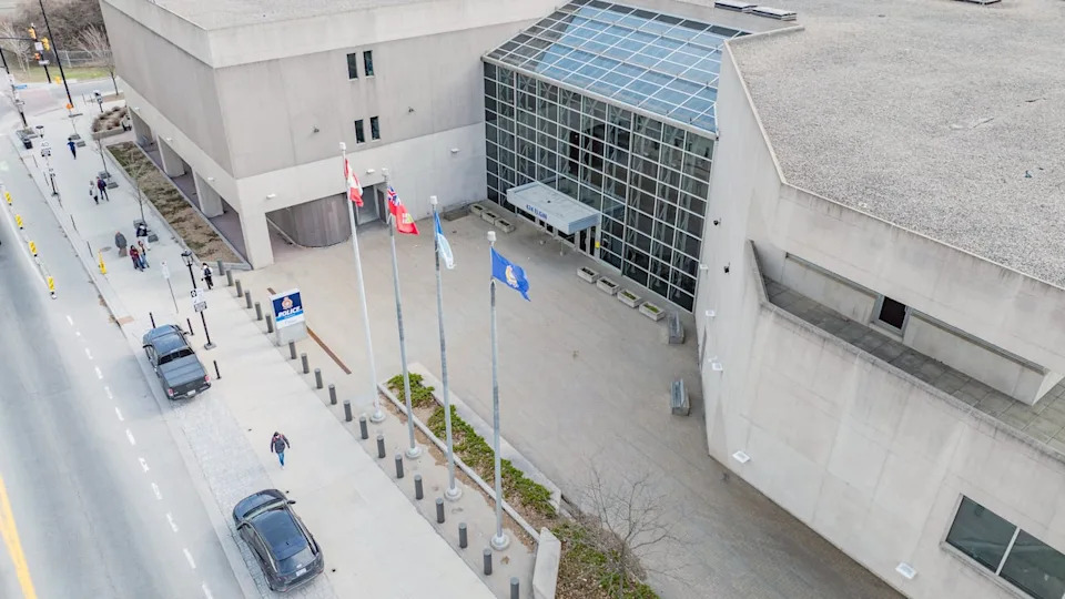 An aerial view, shot with a drone, of Ottawa Police Service headquarters at 474 Elgin St. on April 21, 2026.