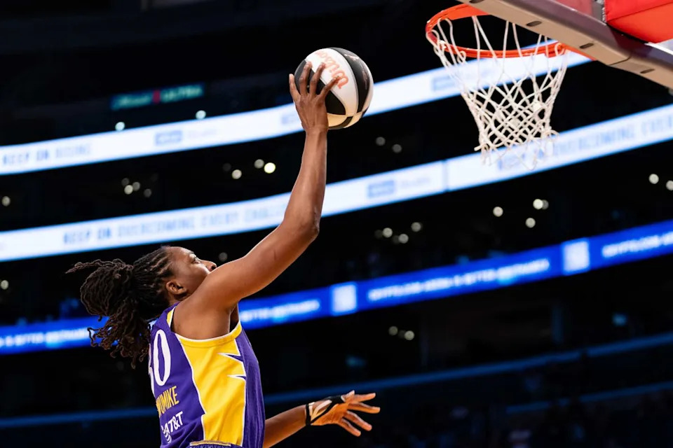 LA Sparks forward Nneka Ogwumike (30) drives into the lane at a WNBA basketball game against the Portland Fire, Sunday June 7th, 2026 in Los Angeles, California.