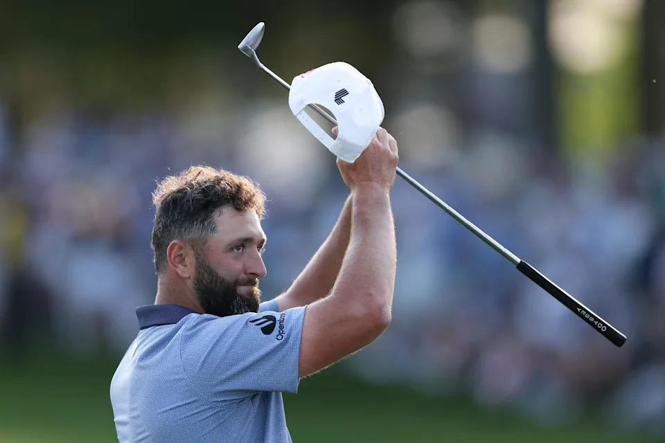 Jon Rahm of Spain acknowledges the crowd on the 18th green during the final round of the PGA Championship at Aronimink Golf Club on May 17, 2026 in Newtown, Pennsylvania.