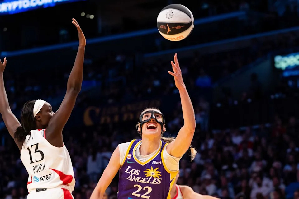 LA Sparks forward Cameron Brink (22) attacking the basket at a WNBA basketball game against the Portland Fire, Sunday June 7th, 2026 in Los Angeles, California. 
