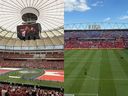 Fan Mike Lee preferred B.C. Place's covered stadium, left, to Toronto's BMO field, right, with temporary seating at the far end, when it came to World Cup viewing experience.