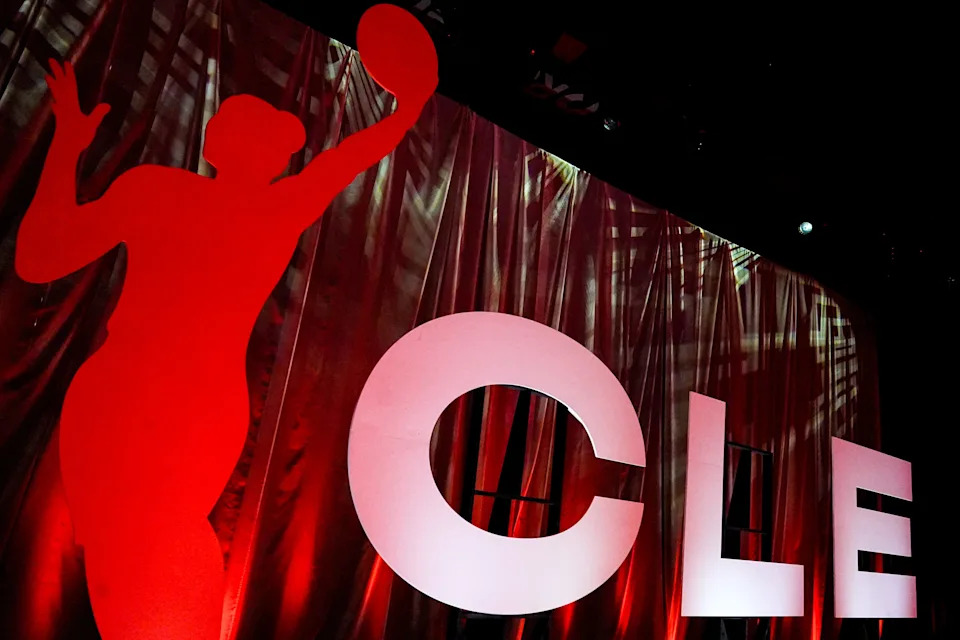 The Cleveland WNBA logo is seen during event celebrating the return of professional women’s basketball to Ohio, Sept. 16, 2025, at Rocket Arena, in Cleveland.