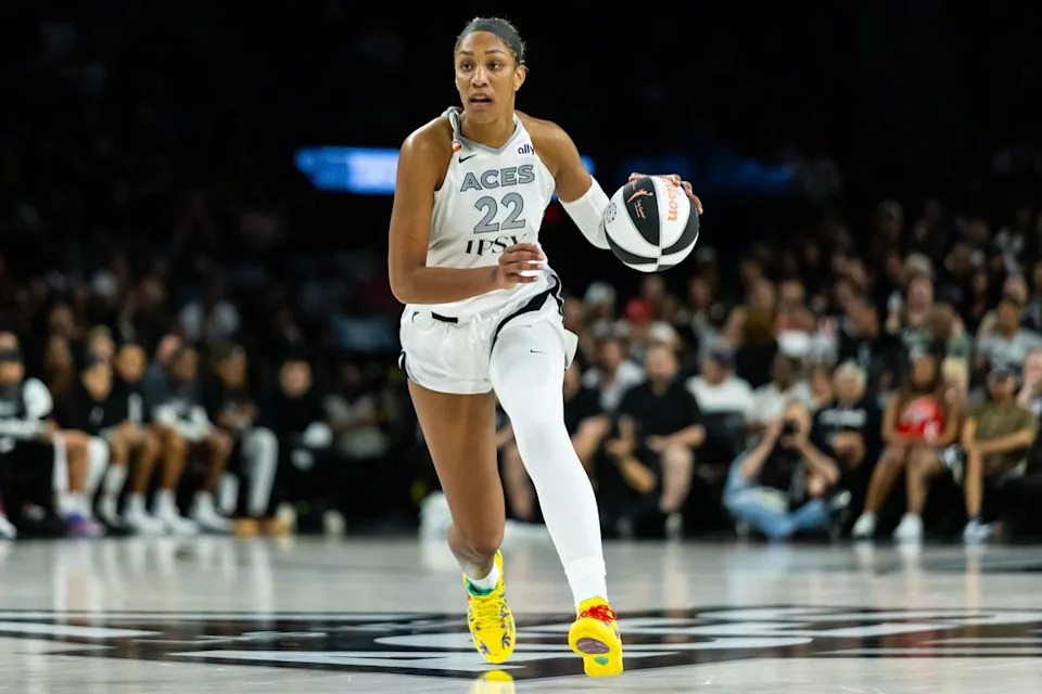 Las Vegas Aces forward A’ja Wilson (22) dribbles the ball during a WNBA game between the Las Vegas Aces and the Minnesota Lynx, Saturday June 13, 2026 in Las Vegas, Nev.