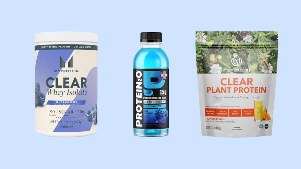 Three different types of clear protein powder on a light blue background