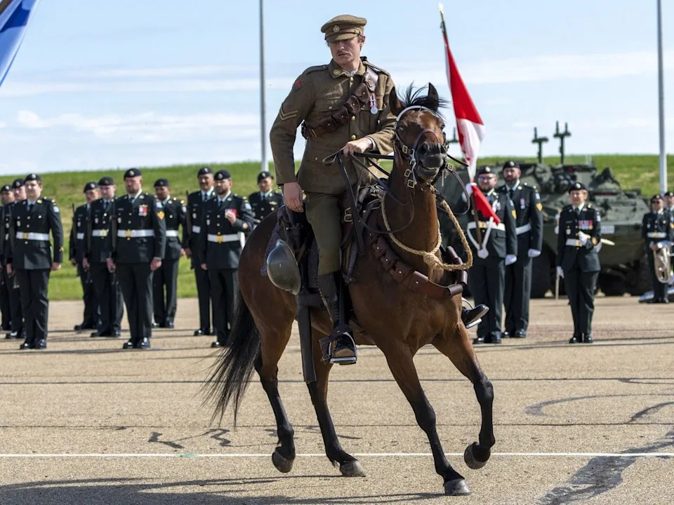 Mounted troop riders from Lord Strathcona’s Horse (Royal Canadians) in First World War-era dress take part on Friday, June 19, 2026, in the 1 Signal Regimental Stand up and Change of Command Parade, marking a significant milestone in the modernization of Canadian Army communications capabilities and the formal establishment of 1 Signal Regiment as a key operational unit within 1 Canadian Mechanized Brigade Group at CFB Edmonton.