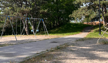 Existing playground at cayuga Park featuring a swing set, climbing structure, and paved path leading up a grass hill, surrounded by mature trees.