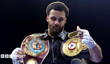 Moses Itauma poses with his title belts after beating Jermaine Franklin Jr in March 2026
