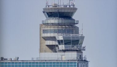 An air-traffic control tower at Montreal's airport.