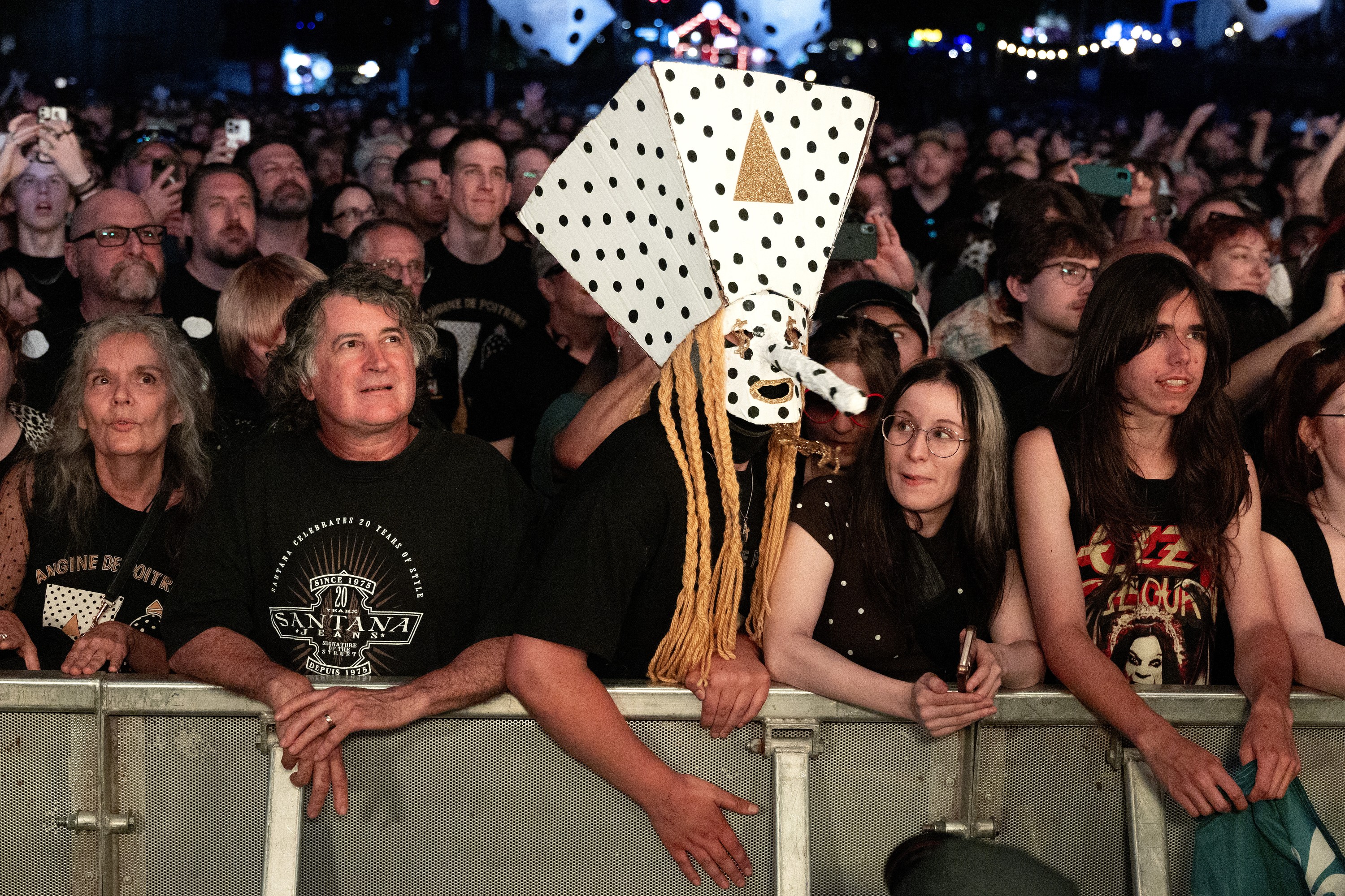 A crowd of people wait at an outdoor stage to see Angine de Poitrine, including one fan dressed like the band's guitarist.