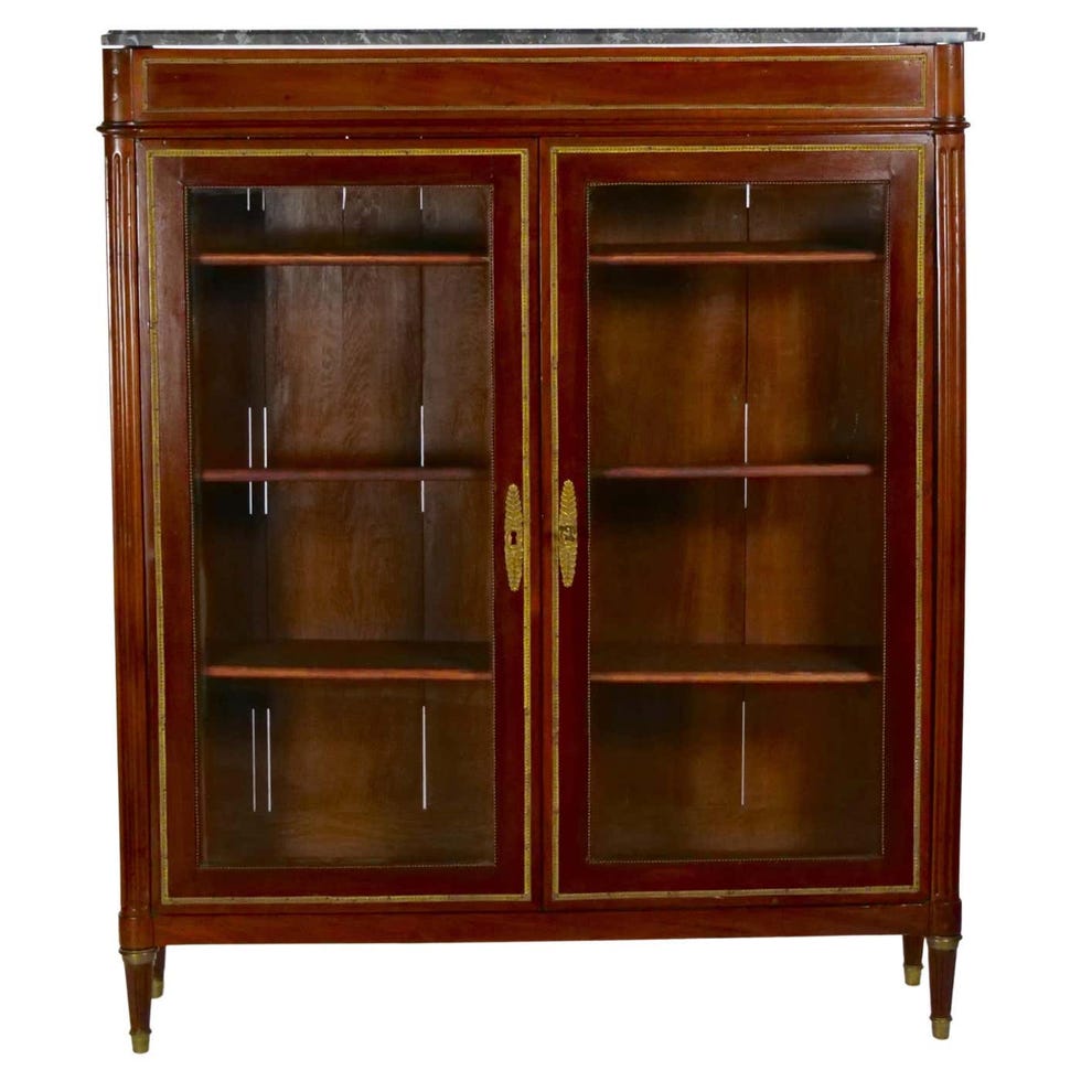 19th Century French Louis XVI Style Mahogany Marble Top Vitrine / Bookcase