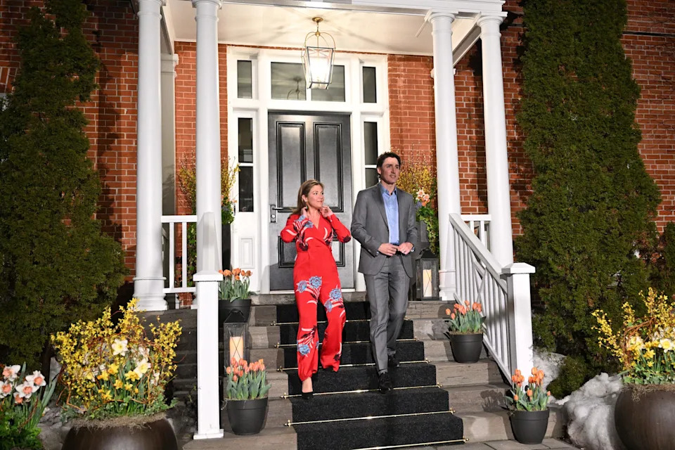 Canadian Prime Minister Justin Trudeau and his wife Sophie Grégoire Trudeau wait for the arrival of US President Joe Biden and First Lady Jill Biden at Rideau Cottage, the Prime Ministers Residence, on March 23, 2023, in Ottawa, Canada. (Photo by Mandel NGAN / AFP) (Photo by MANDEL NGAN/AFP via Getty Images)