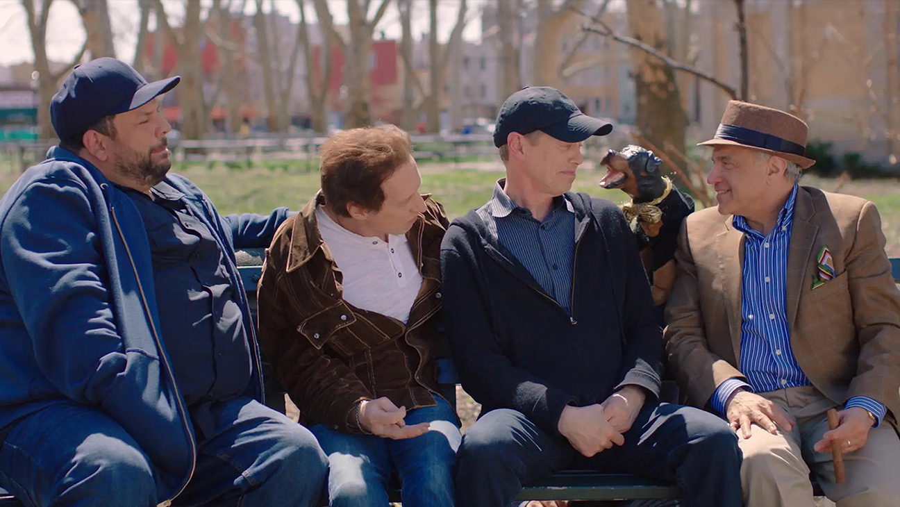 Triumph the Insult Comic Dog yapped at his host (center) to kick off the second season of Park Bench With Steve Buscemi, with (from left) Geo Orlando, Steve’s brother Michael Buscemi and Anthony Laciura.