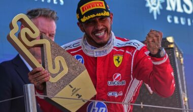 Hamilton celebrates 1st victory with Ferrari after winning Barcelona GP as Antonelli breaks down