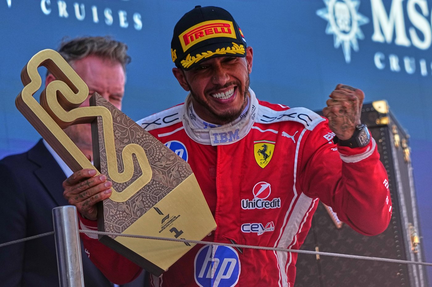 Hamilton celebrates 1st victory with Ferrari after winning Barcelona GP as Antonelli breaks down