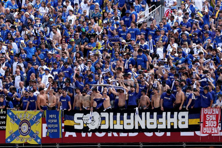 TORONTO, ONTARIO - JUNE 12: Bosnia and Herzegovina fans cheer in the stands during the FIFA World Cup 2026 Group B match between Canada and Bosnia and Herzegovina at Toronto Stadium on June 12, 2026 in Toronto, Ontario. Michael Steele/Getty Images/AFP (Photo by MICHAEL STEELE / GETTY IMAGES NORTH AMERICA / Getty Images via AFP)