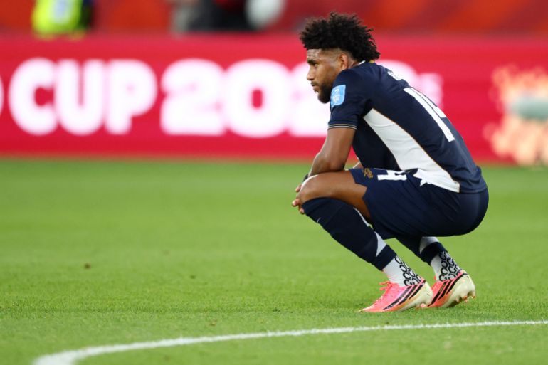 Panama's midfielder #14 Carlos Harvey reacts after losing the 2026 World Cup Group L football match between Panama and Croatia at the Toronto Stadium in Toronto on June 23, 2026. (Photo by Cole Burston / AFP)