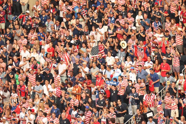 US fans cheer their team ahead of the 2026 World Cup Group D football match between Turkey and USA at the Los Angeles Stadium in Inglewood on June 25, 2026. (Photo by Etienne LAURENT / AFP)