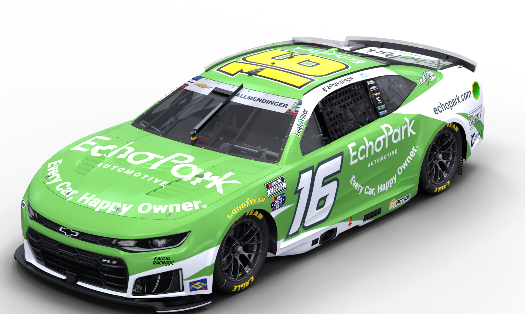 Bright green race car with white roof, number 16, and Echopark branding, viewed from the front-right angle, showing sponsor logos along the sides and hood.