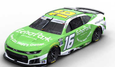 Bright green race car with white roof, number 16, and Echopark branding, viewed from the front-right angle, showing sponsor logos along the sides and hood.