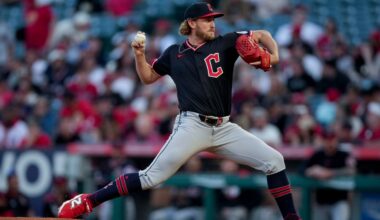 Cleveland Guardians starting pitcher Tanner Bibee delivers during the first inning of a baseball game against the Los Angeles Angels in Anaheim, Calif., Saturday, April 5, 2025. (AP Photo/Eric Thayer)