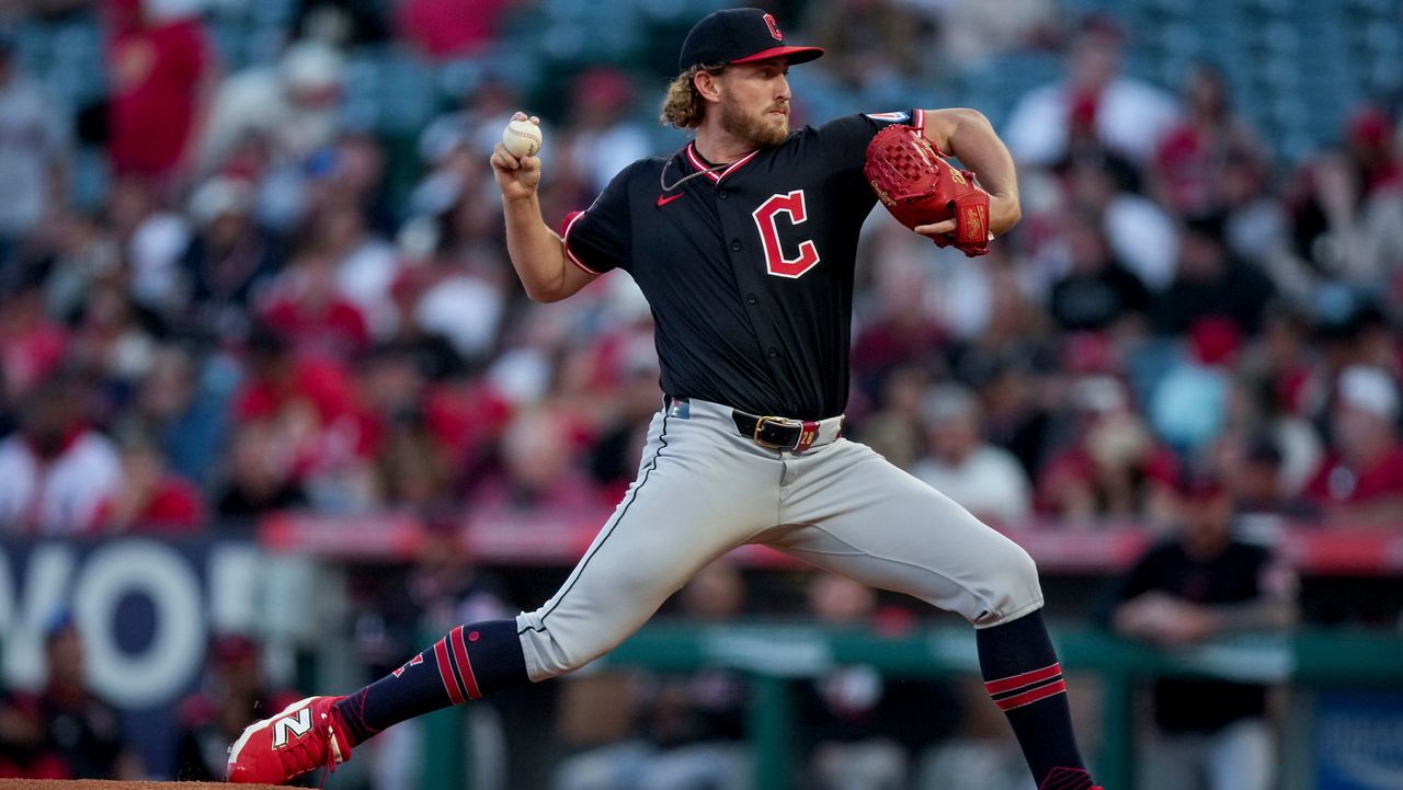 Cleveland Guardians starting pitcher Tanner Bibee delivers during the first inning of a baseball game against the Los Angeles Angels in Anaheim, Calif., Saturday, April 5, 2025. (AP Photo/Eric Thayer)