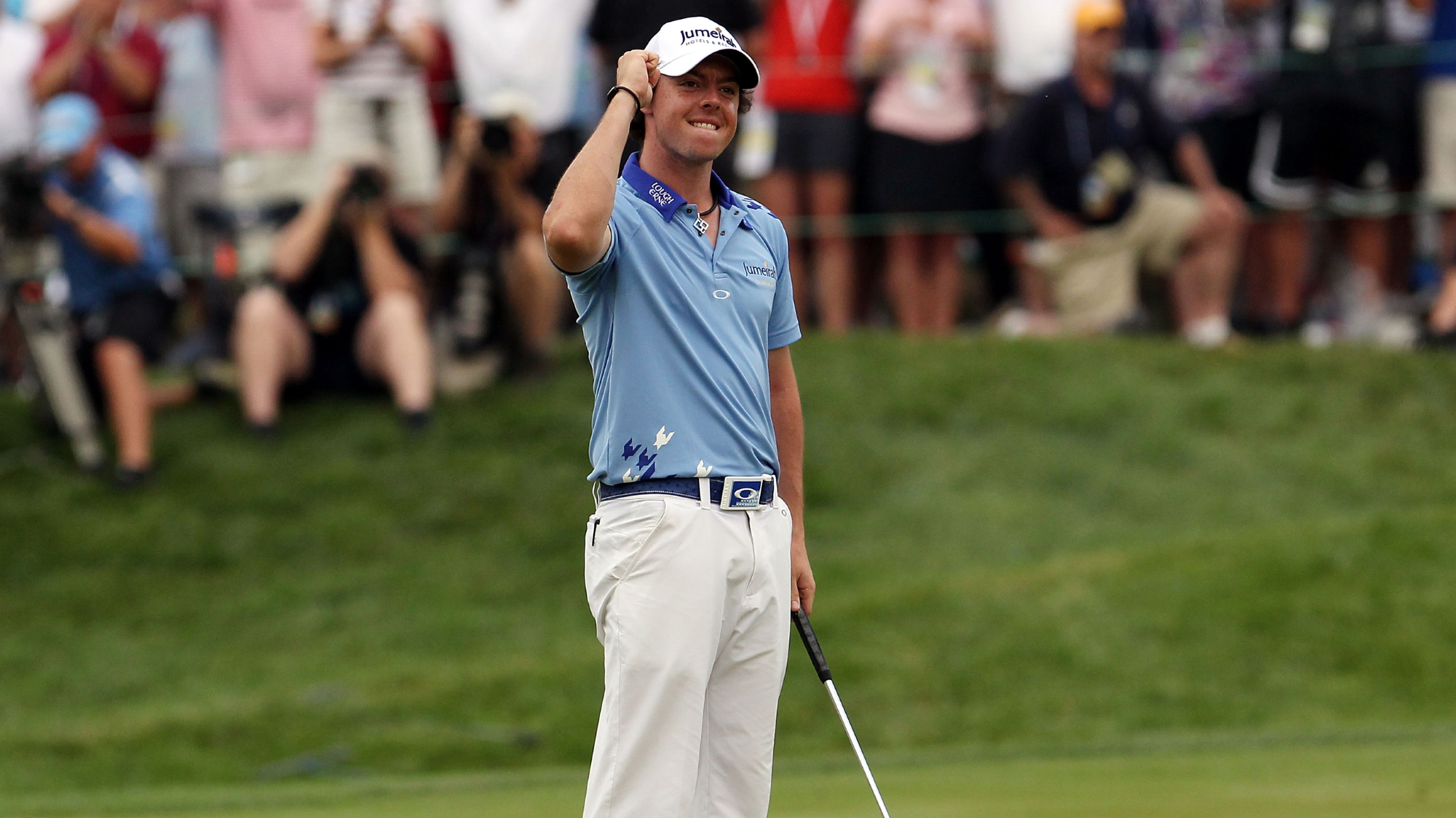 Rory McIlroy celebrates winning the US Open