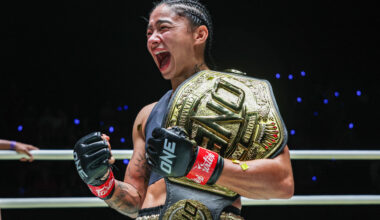 Allycia Hellen Rodrigues celebrates after beating Johanna Persson at ONE Fight Night 33.